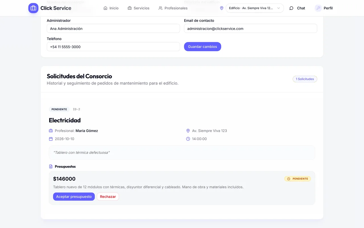 ClickService, pantalla de consorcios