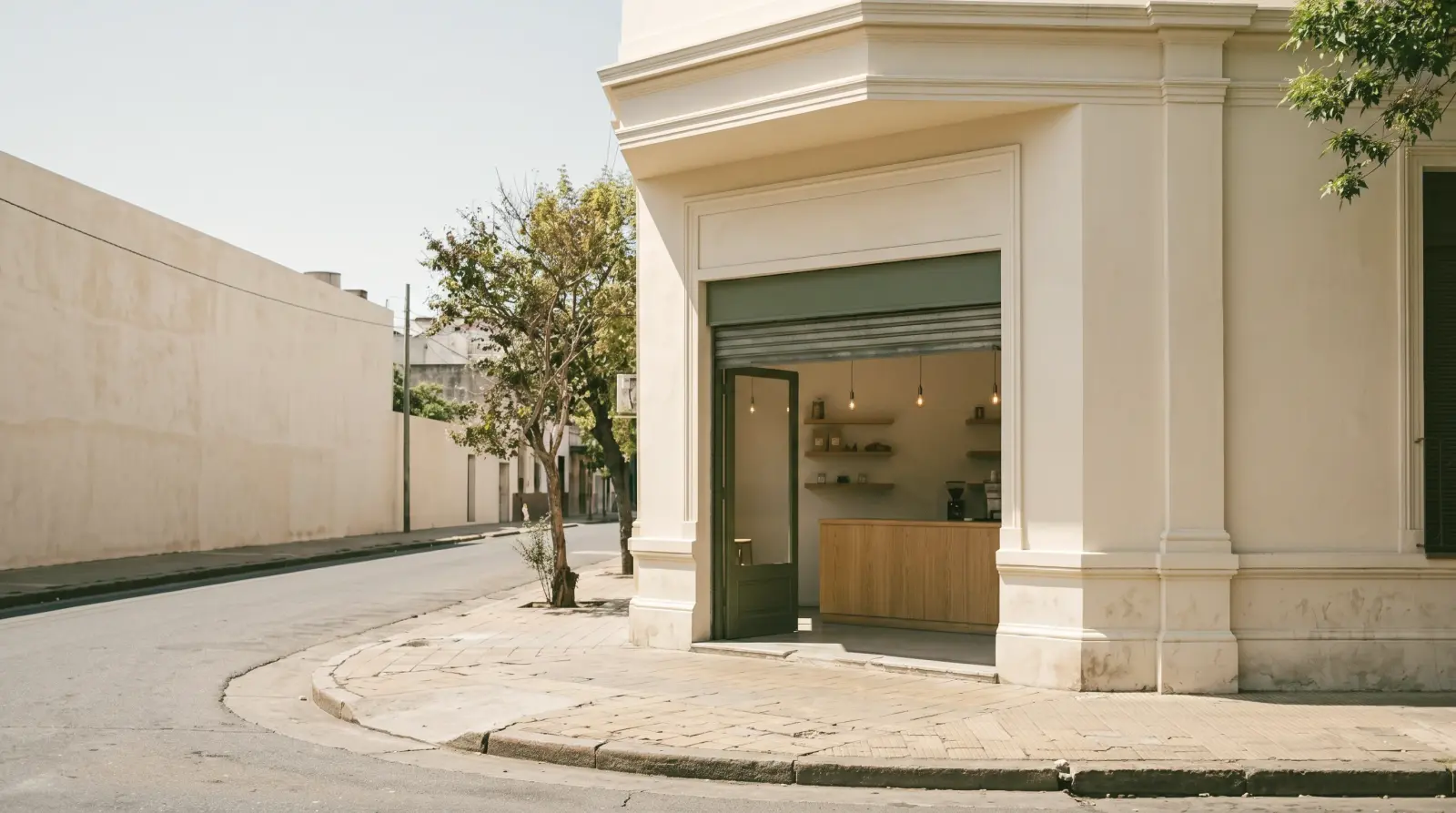 La misma esquina al mediodía, con el sol alto.